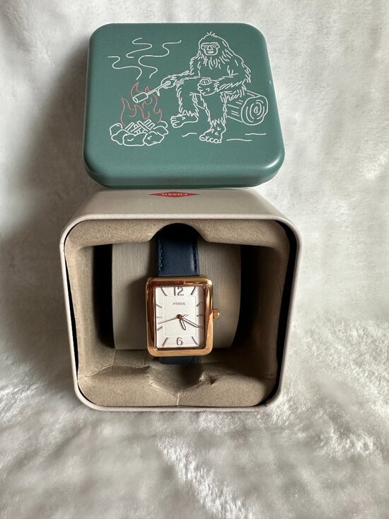 NWT! Fossil ES4158 Raquel Rectangular Watch With Navy Leather Strap In Rose Gold